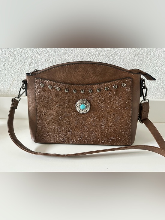 Sam & Hadley Handbags - Brown Embossed Crossbody Bag with Turquoise Accent